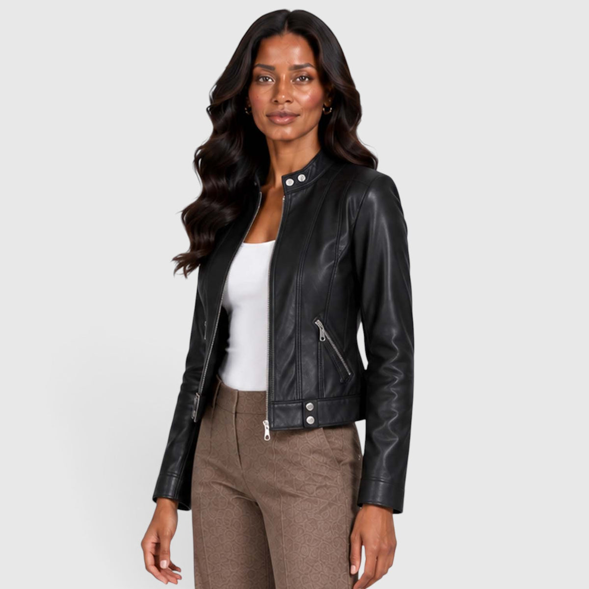 Monvaline | Women’s Leather Jacket with Zip Pockets for Casual Wear