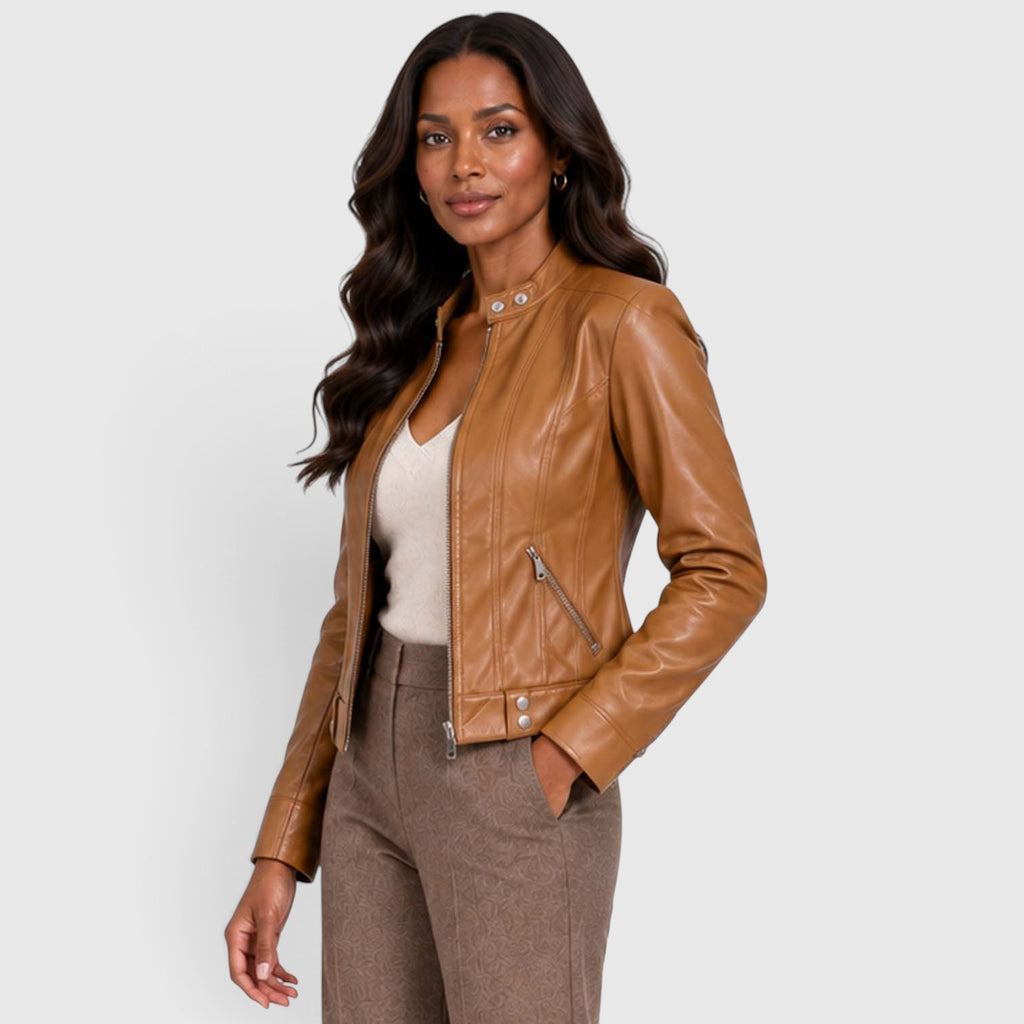 Monvaline | Women’s Leather Jacket with Zip Pockets for Casual Wear