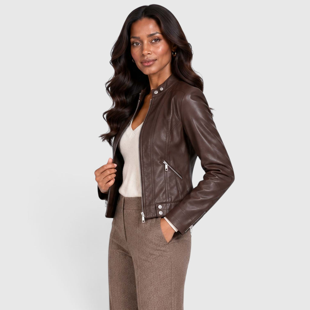 Monvaline | Women’s Leather Jacket with Zip Pockets for Casual Wear