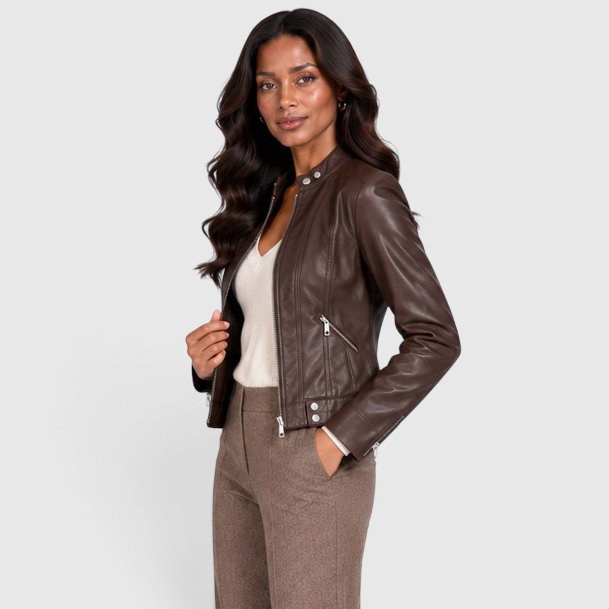 Monvaline | Women’s Leather Jacket with Zip Pockets for Casual Wear