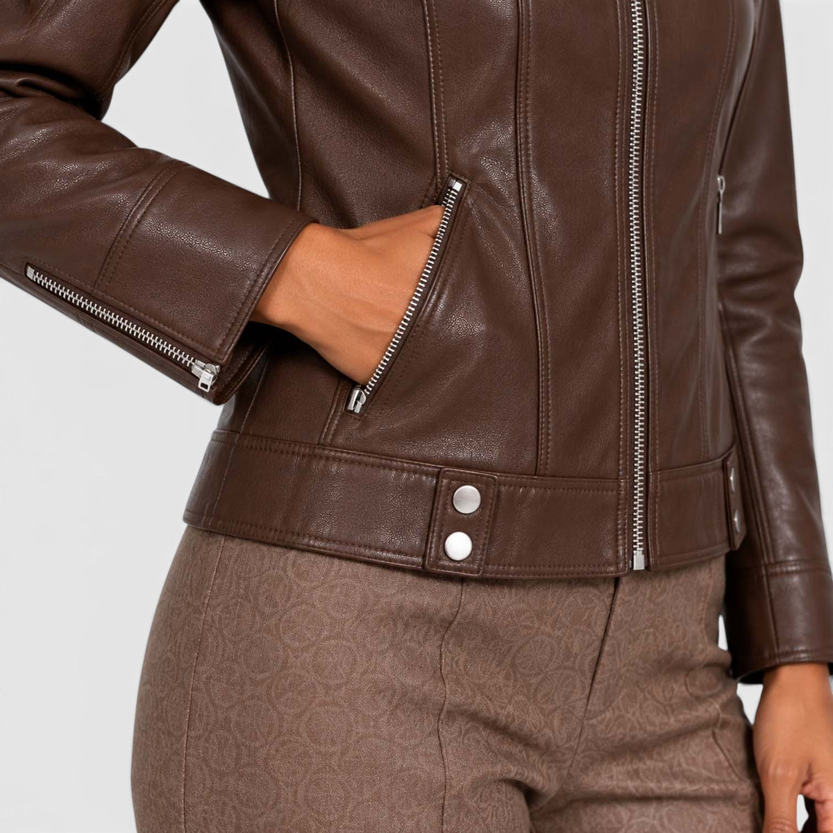 Monvaline | Women’s Leather Jacket with Zip Pockets for Casual Wear