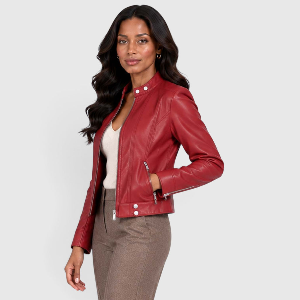Monvaline | Women’s Leather Jacket with Zip Pockets for Casual Wear