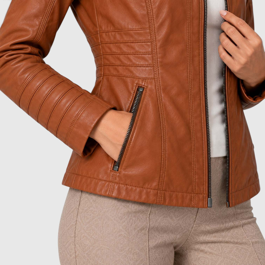 Monvaline | Women’s Leather-Look Jacket Zip-Up for Casual Outfits