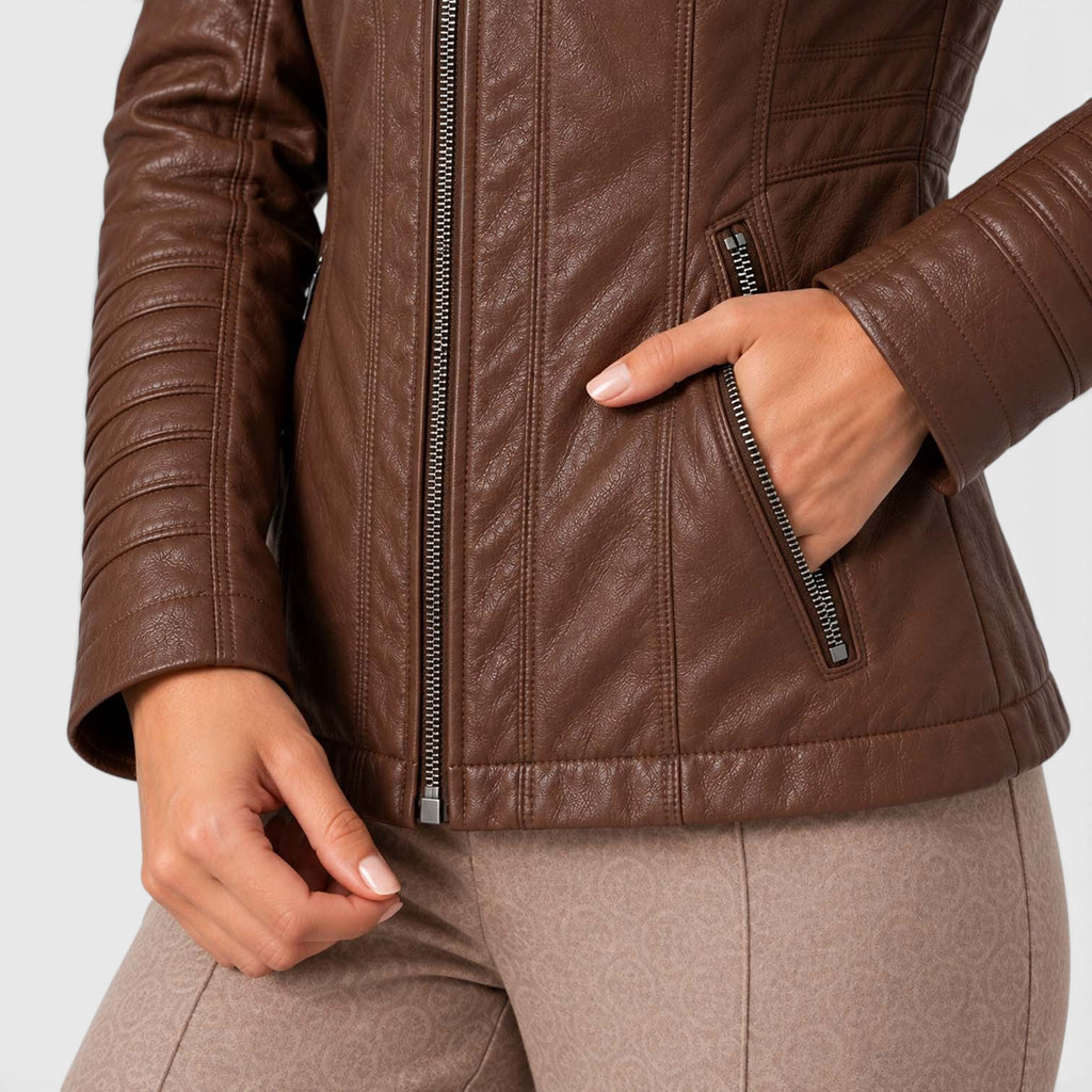Monvaline | Women’s Leather-Look Jacket Zip-Up for Casual Outfits