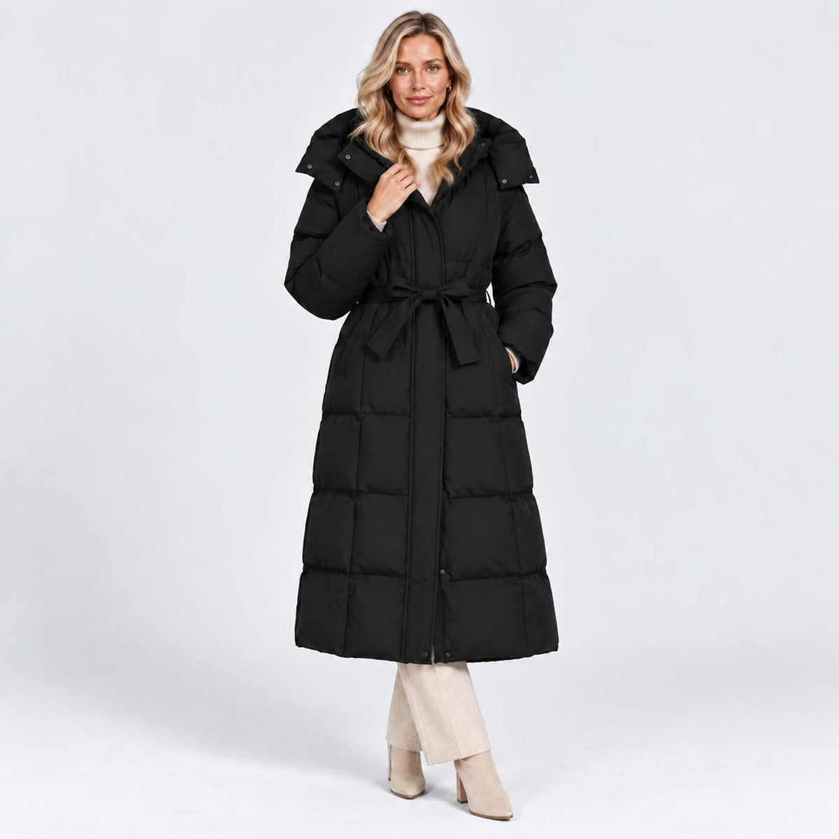Monvaline | Women’s Long Puffer Coat – Oversized Hood & Waist Belt