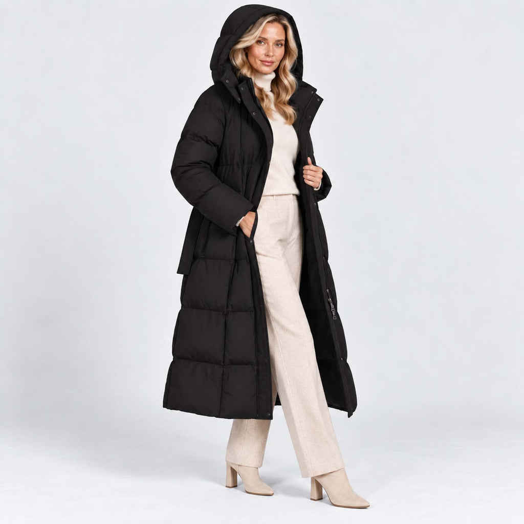 Monvaline | Women’s Long Puffer Coat – Oversized Hood & Waist Belt