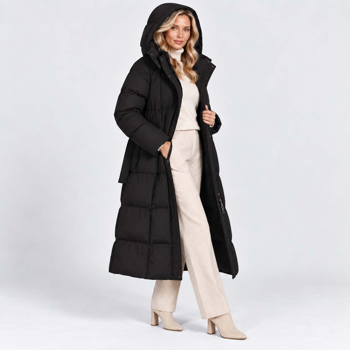 Monvaline | Women’s Long Puffer Coat – Oversized Hood & Waist Belt