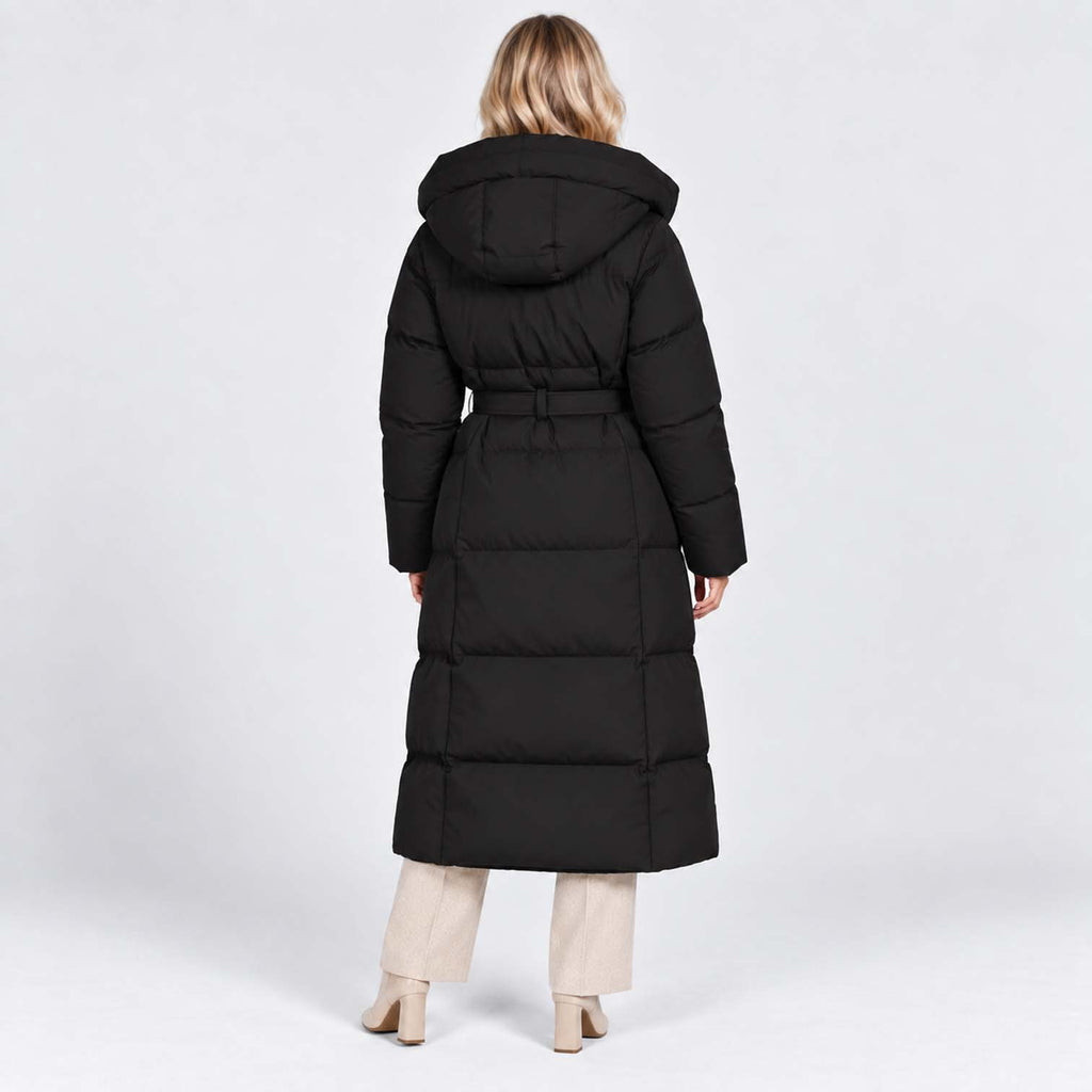 Monvaline | Women’s Long Puffer Coat – Oversized Hood & Waist Belt