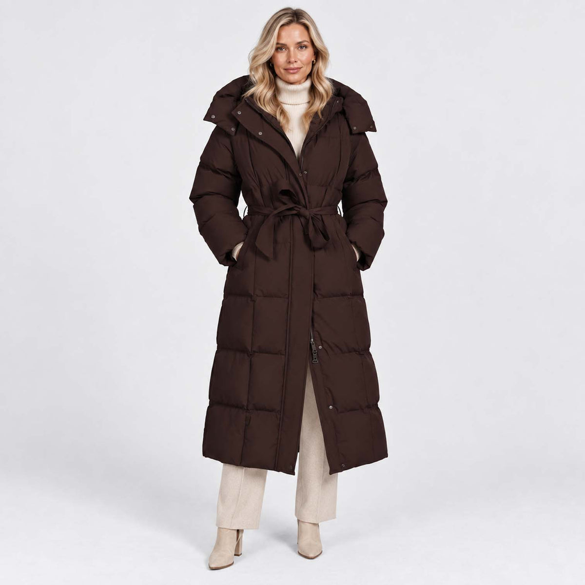 Monvaline | Women’s Long Puffer Coat – Oversized Hood & Waist Belt
