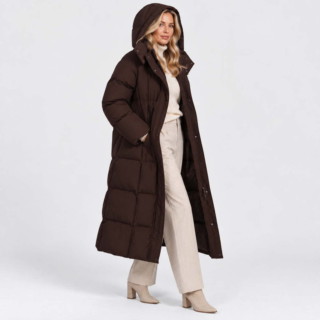 Monvaline | Women’s Long Puffer Coat – Oversized Hood & Waist Belt