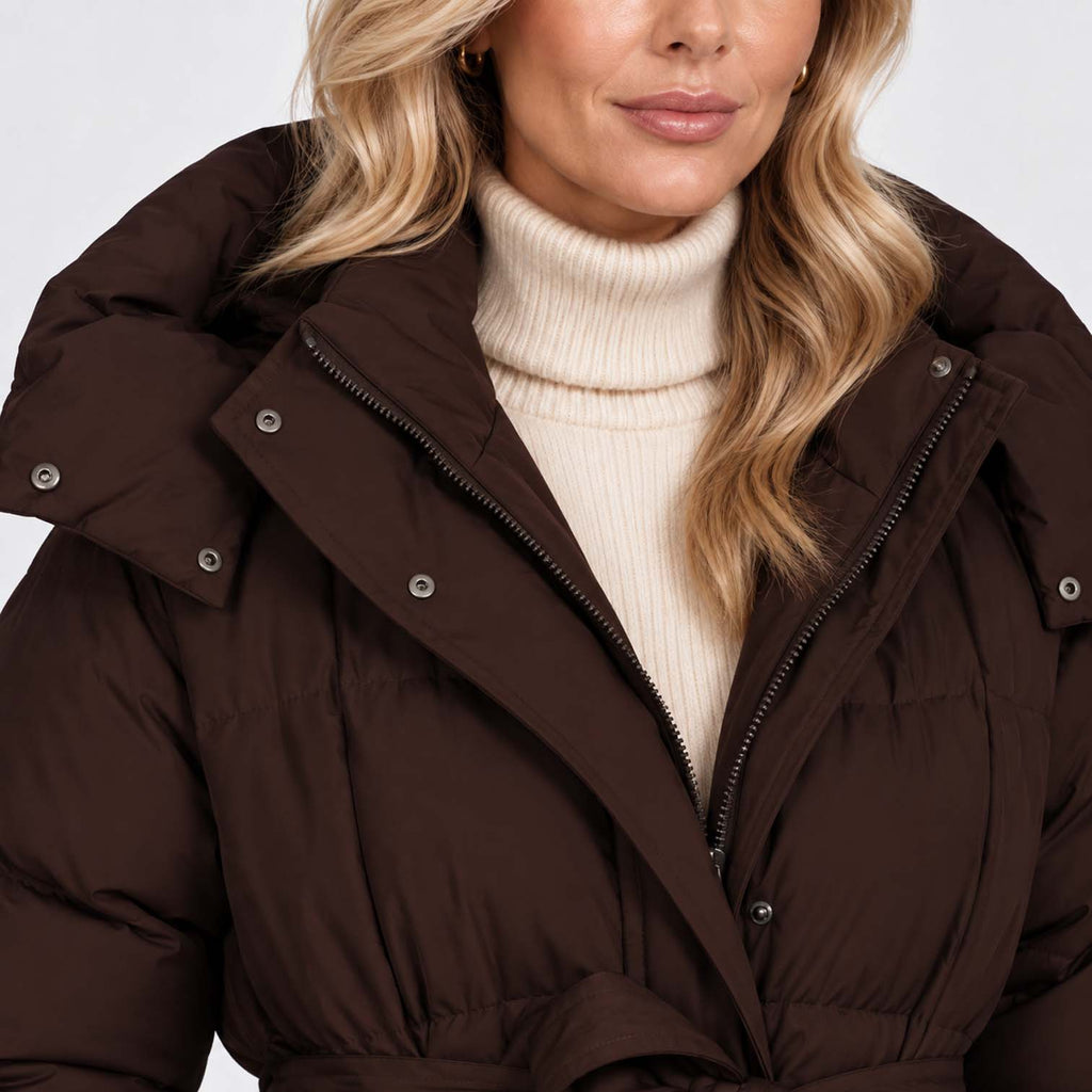 Monvaline | Women’s Long Puffer Coat – Oversized Hood & Waist Belt