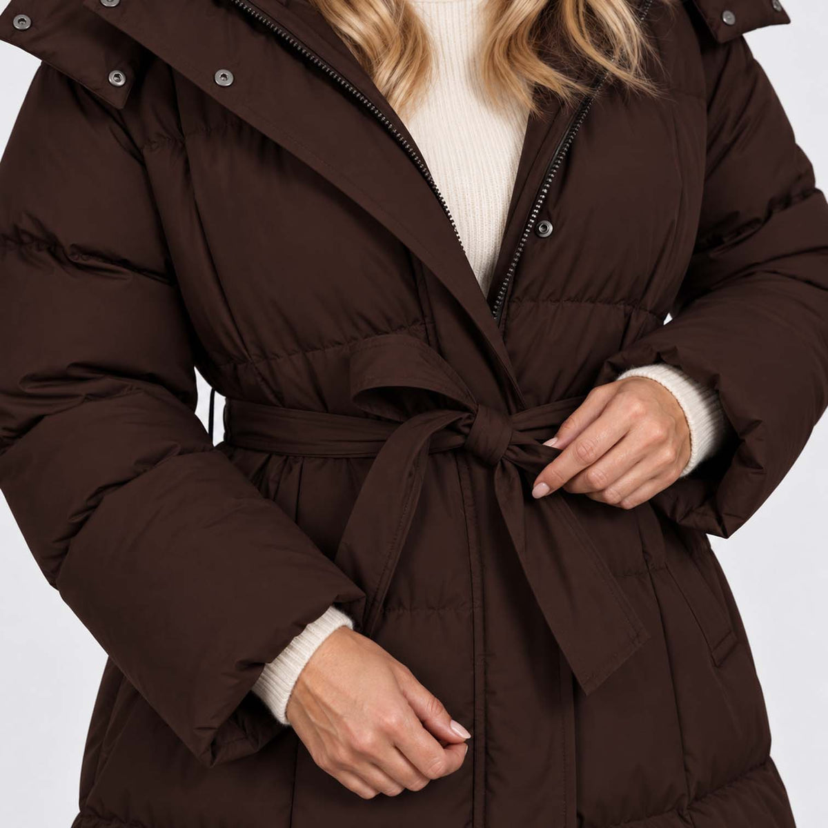 Monvaline | Women’s Long Puffer Coat – Oversized Hood & Waist Belt