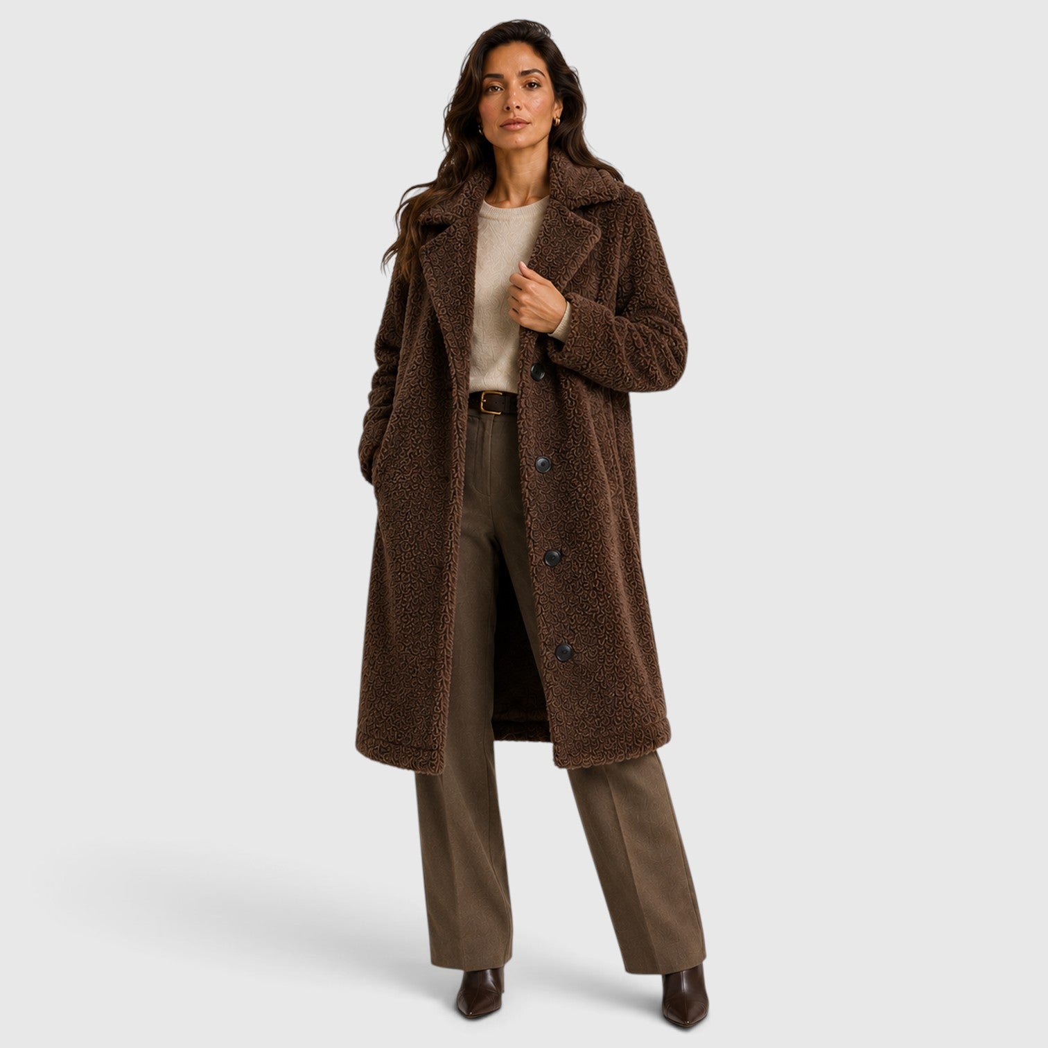 Monvaline | Women’s Long Teddy Fleece Coat – Button Front Borg