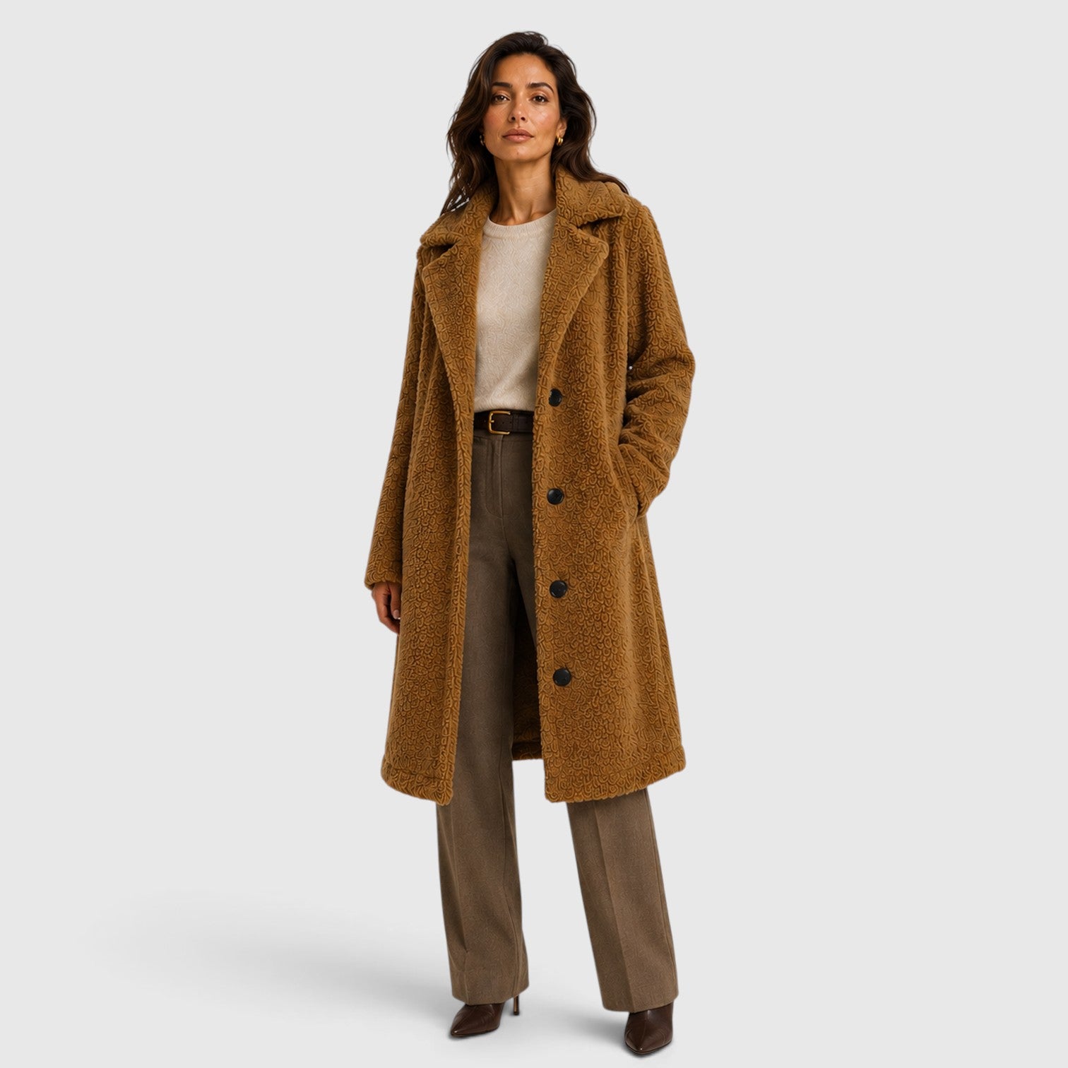 Monvaline | Women’s Long Teddy Fleece Coat – Button Front Borg