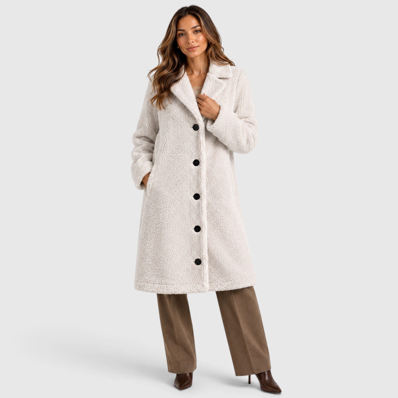 Monvaline | Women’s Long Teddy Fleece Coat – Button Front Borg