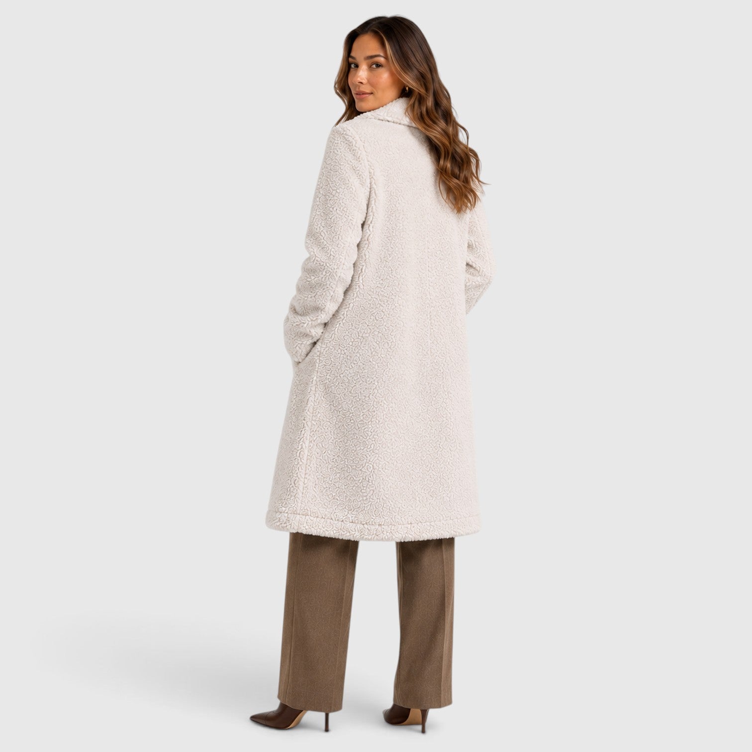 Monvaline | Women’s Long Teddy Fleece Coat – Button Front Borg