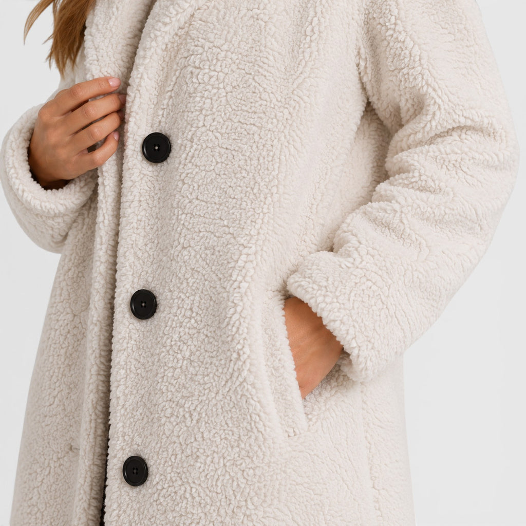 Monvaline | Women’s Long Teddy Fleece Coat – Button Front Borg