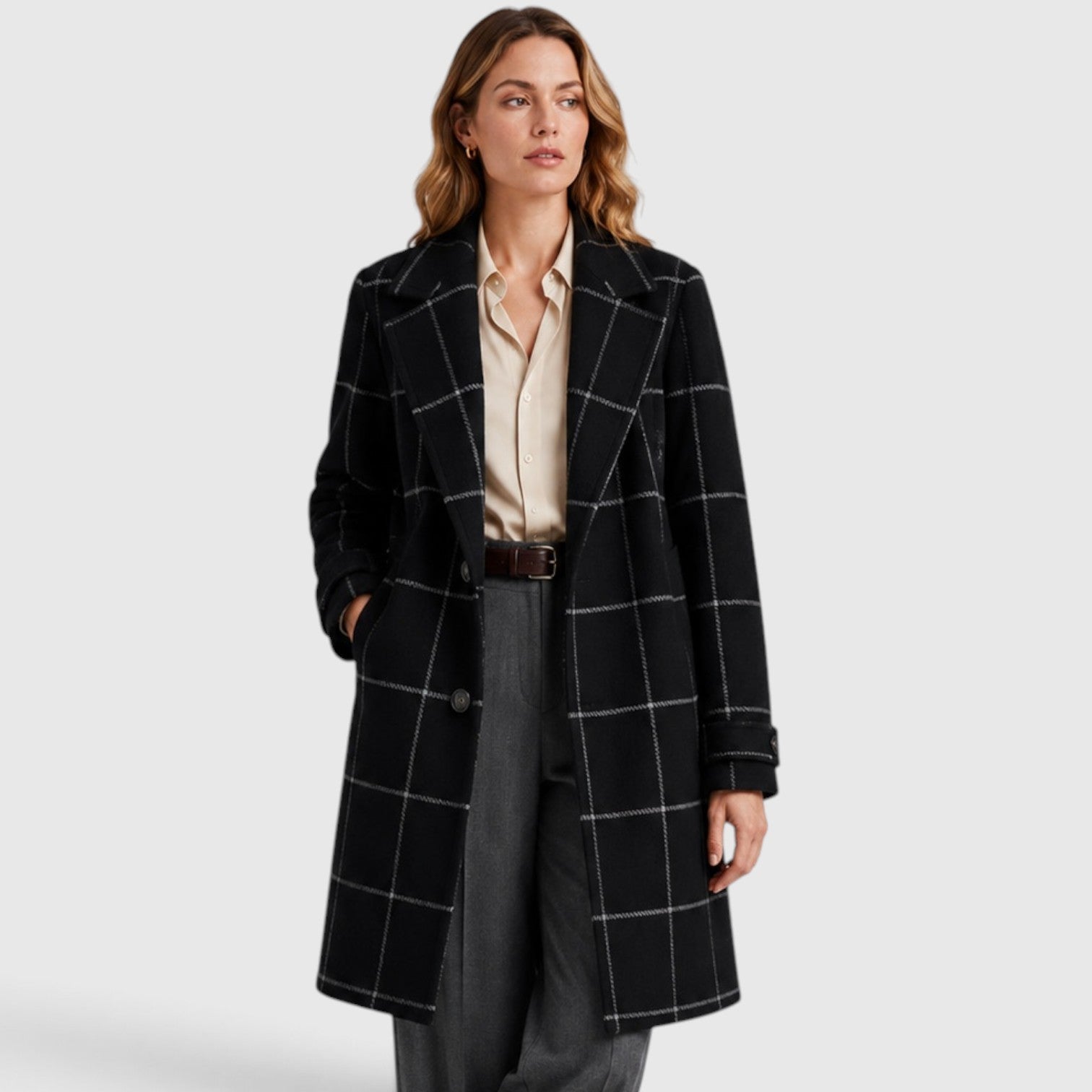 Monvaline | Women’s Mid-Length Plaid Coat with Classic Lapel