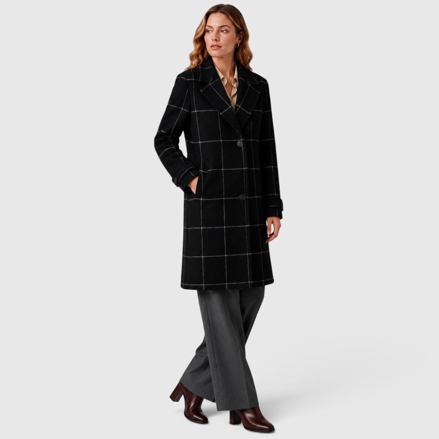 Monvaline | Women’s Mid-Length Plaid Coat with Classic Lapel