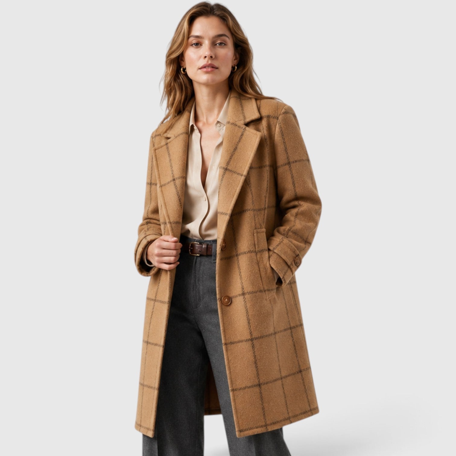 Monvaline | Women’s Mid-Length Plaid Coat with Classic Lapel