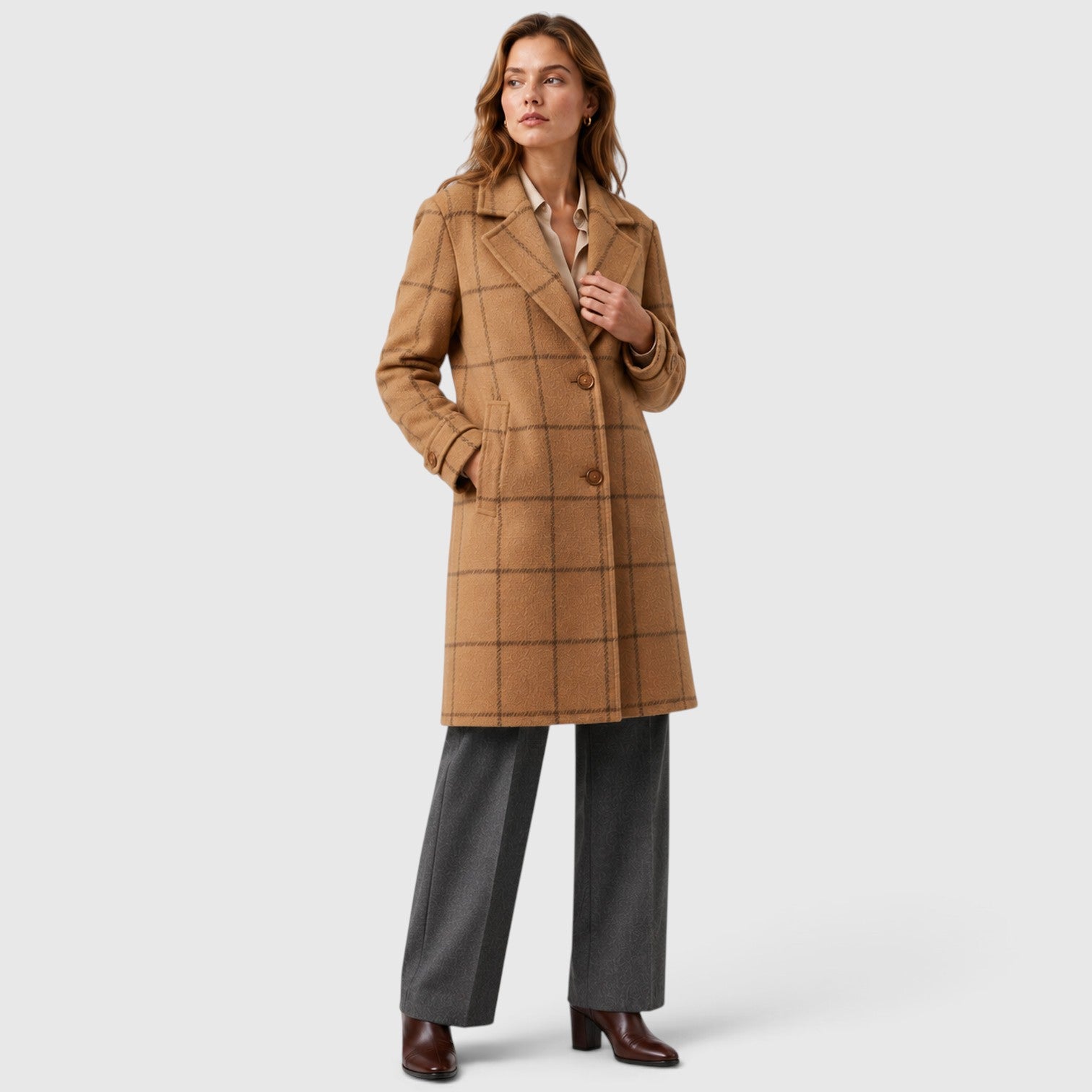 Monvaline | Women’s Mid-Length Plaid Coat with Classic Lapel