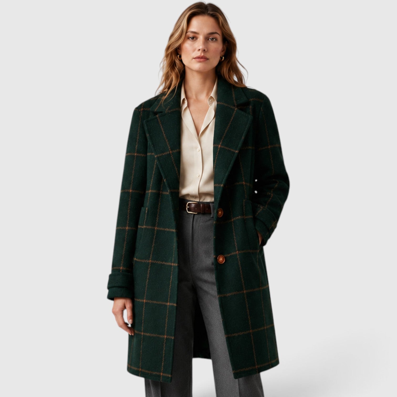 Monvaline | Women’s Mid-Length Plaid Coat with Classic Lapel