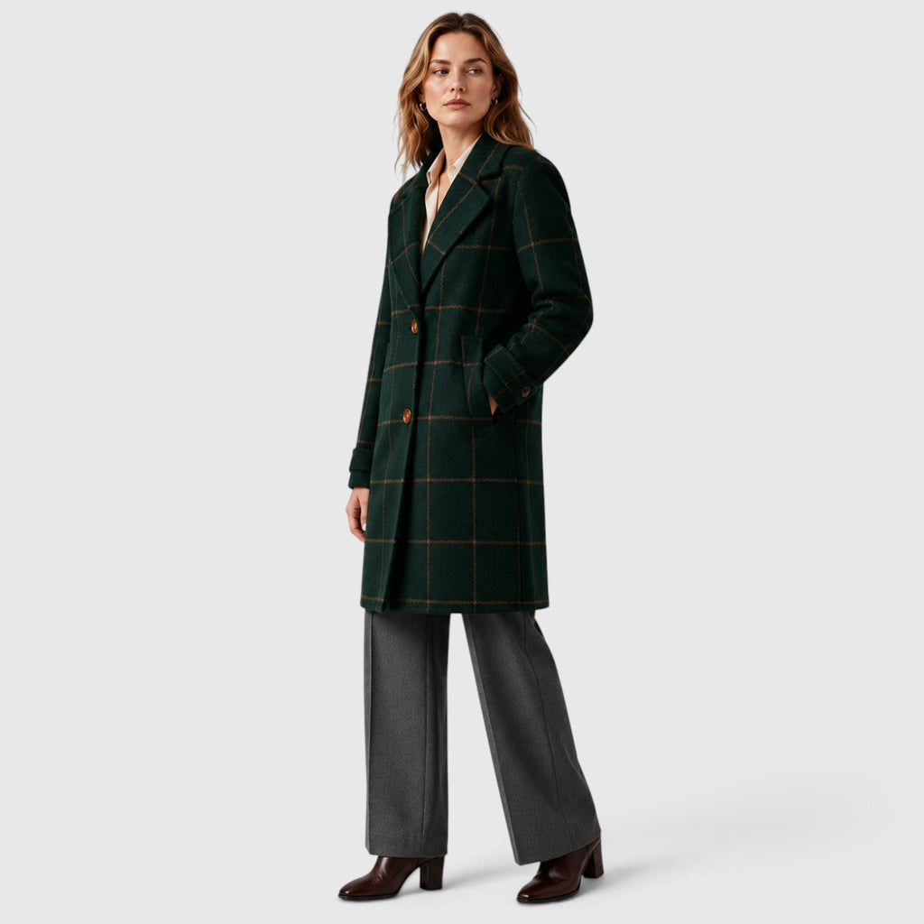 Monvaline | Women’s Mid-Length Plaid Coat with Classic Lapel