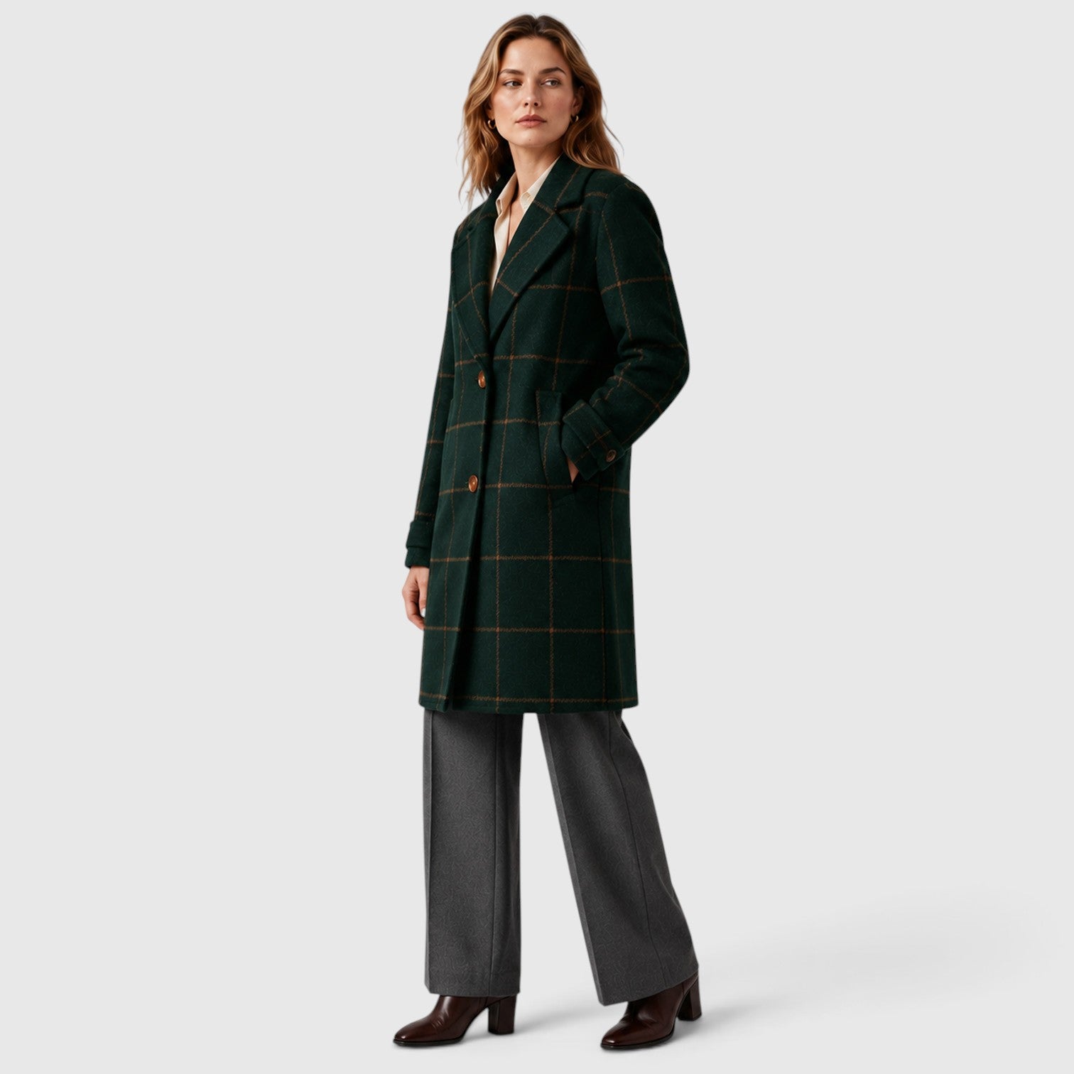Monvaline | Women’s Mid-Length Plaid Coat with Classic Lapel