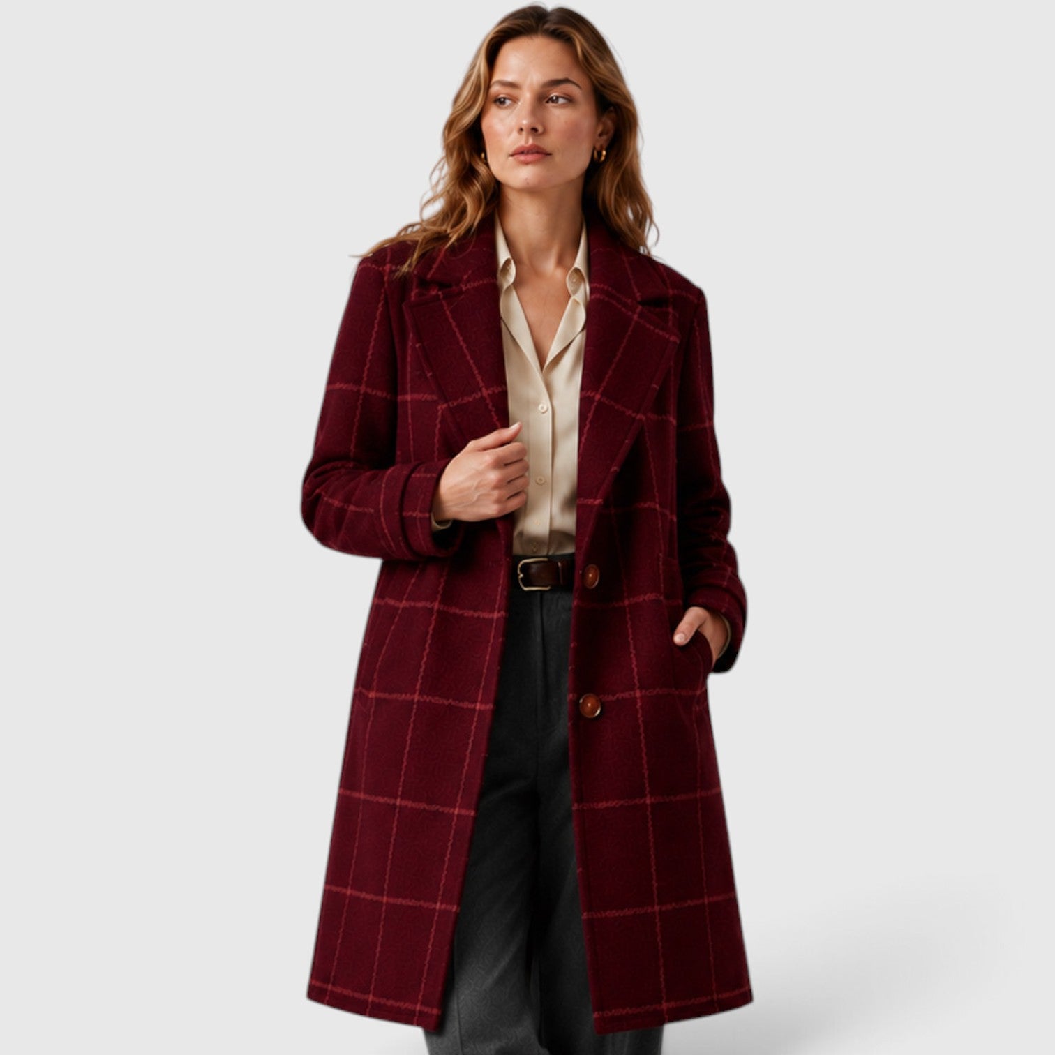 Monvaline | Women’s Mid-Length Plaid Coat with Classic Lapel