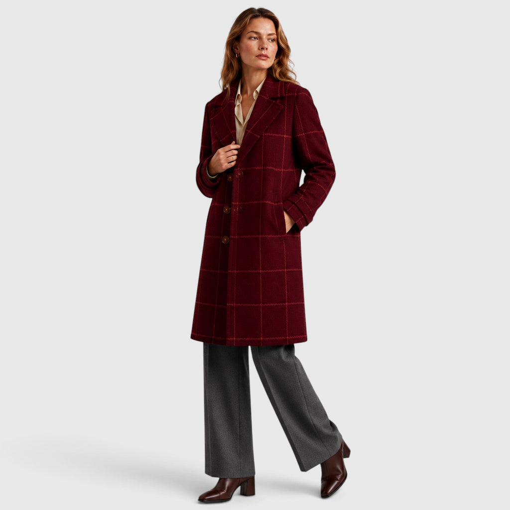 Monvaline | Women’s Mid-Length Plaid Coat with Classic Lapel