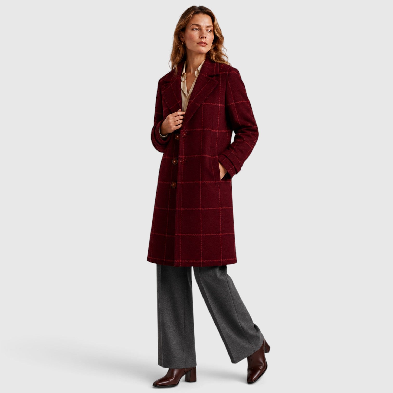 Monvaline | Women’s Mid-Length Plaid Coat with Classic Lapel