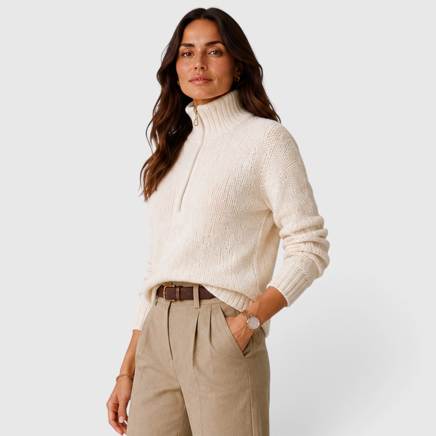 Monvaline | Women’s Oversized Half Zip Knit Sweater – Stand-Up Collar Jumper