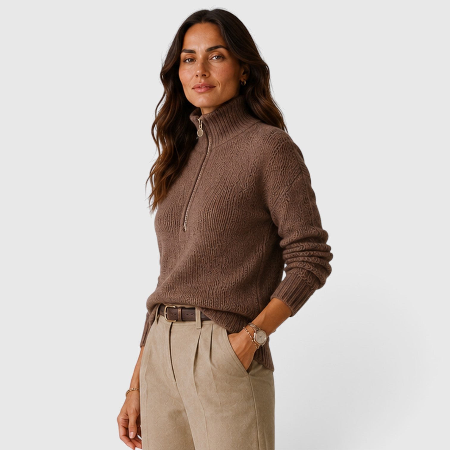 Monvaline | Women’s Oversized Half Zip Knit Sweater – Stand-Up Collar Jumper
