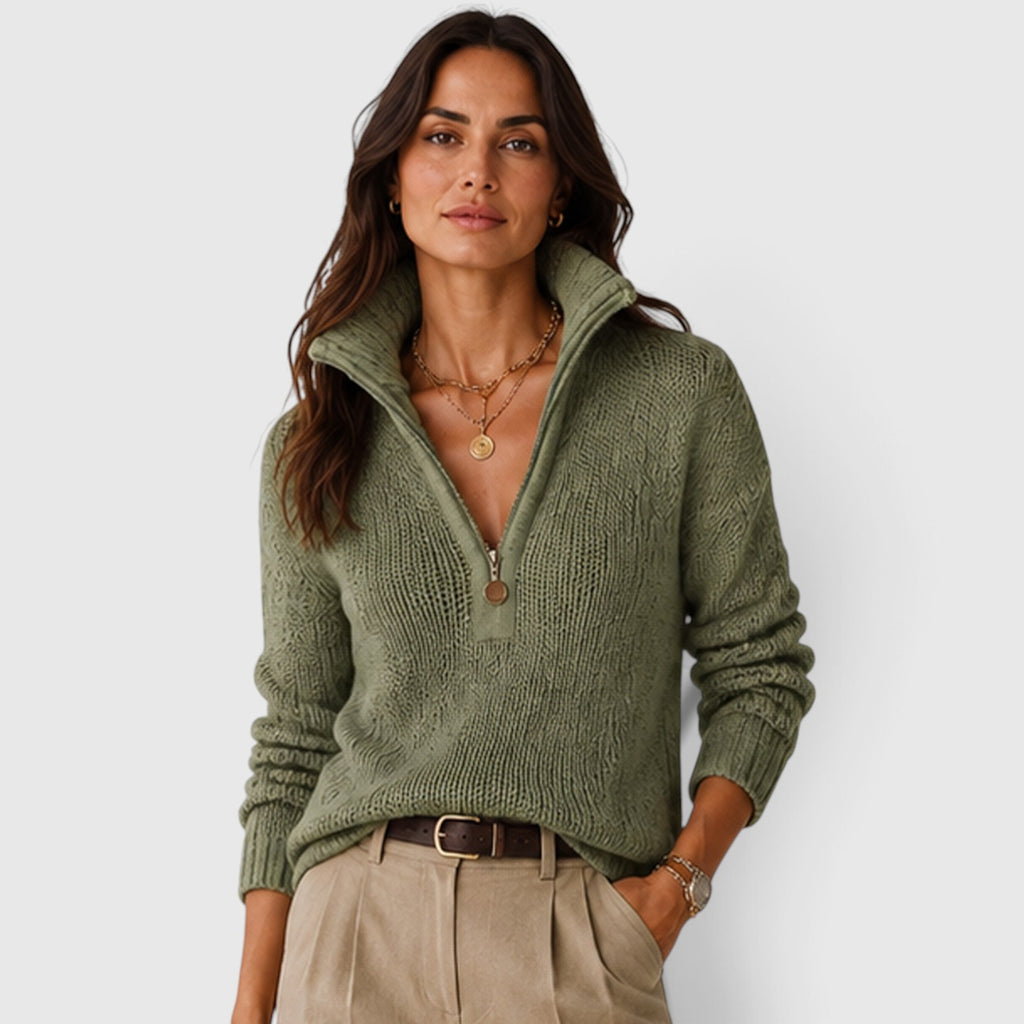 Monvaline | Women’s Oversized Half Zip Knit Sweater – Stand-Up Collar Jumper