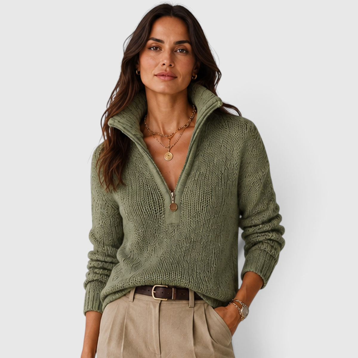 Monvaline | Women’s Oversized Half Zip Knit Sweater – Stand-Up Collar Jumper