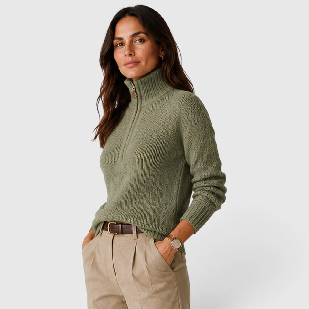 Monvaline | Women’s Oversized Half Zip Knit Sweater – Stand-Up Collar Jumper