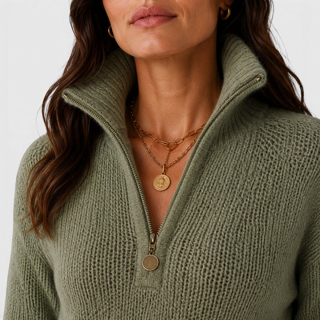 Monvaline | Women’s Oversized Half Zip Knit Sweater – Stand-Up Collar Jumper