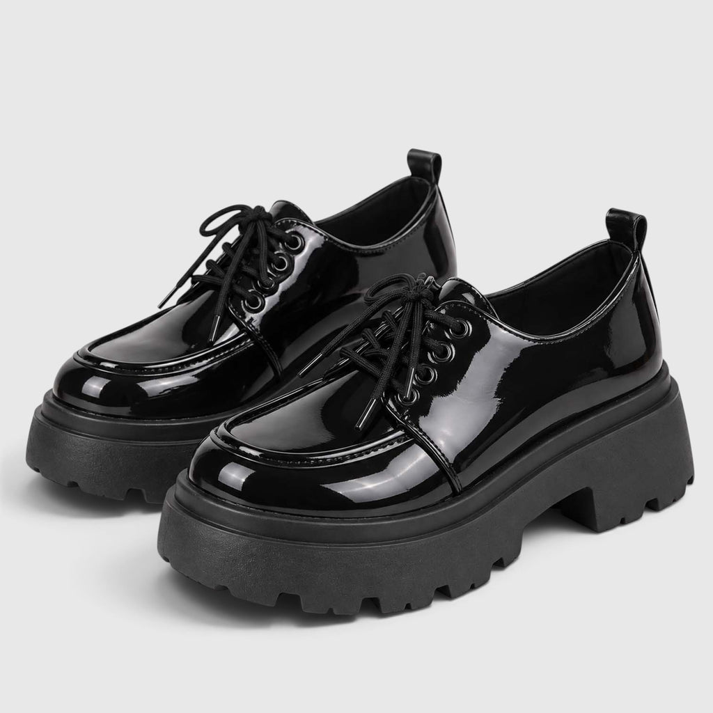 Monvaline | Women’s Patent Platform Loafers – Lace-Up Lug Sole Shoes