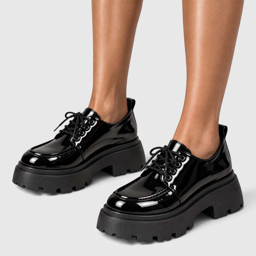 Monvaline | Women’s Patent Platform Loafers – Lace-Up Lug Sole Shoes