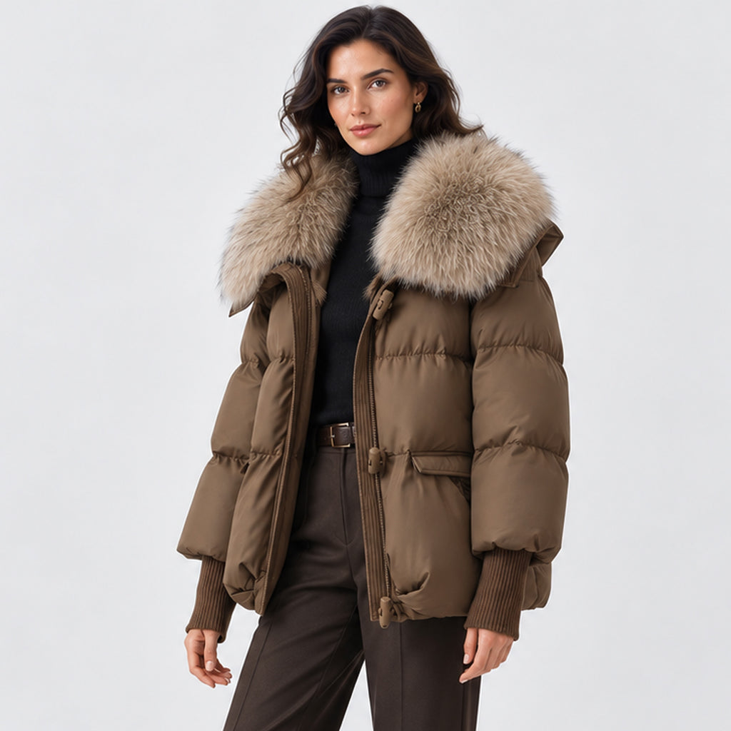 Monvaline | Women’s Puffer Jacket with Faux Fur Collar – Winter Coat