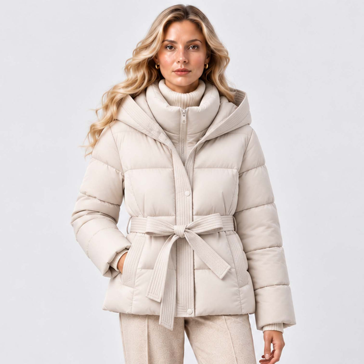 Monvaline | Women’s Puffer Jacket with Hood and Belt - Winter Coat