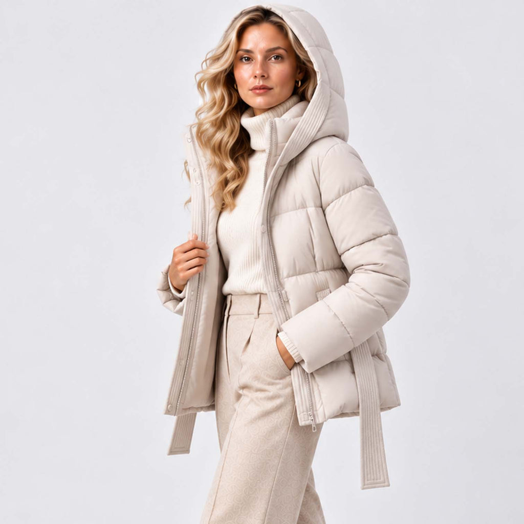 Monvaline | Women’s Puffer Jacket with Hood and Belt - Winter Coat