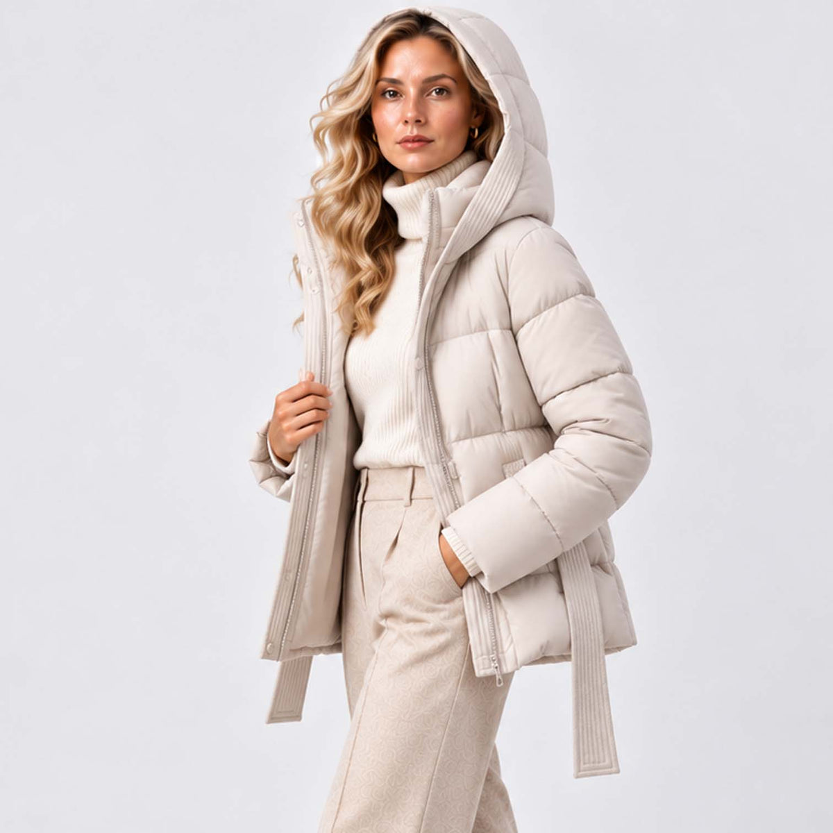 Monvaline | Women’s Puffer Jacket with Hood and Belt - Winter Coat