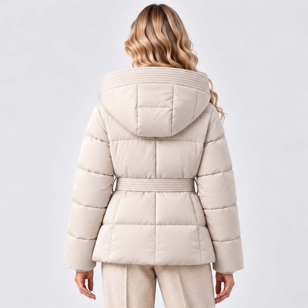 Monvaline | Women’s Puffer Jacket with Hood and Belt - Winter Coat