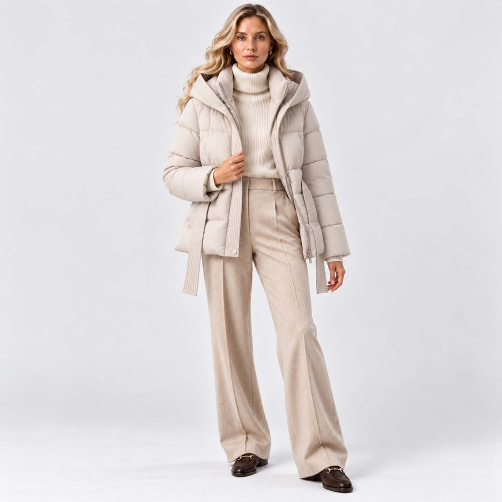 Monvaline | Women’s Puffer Jacket with Hood and Belt - Winter Coat