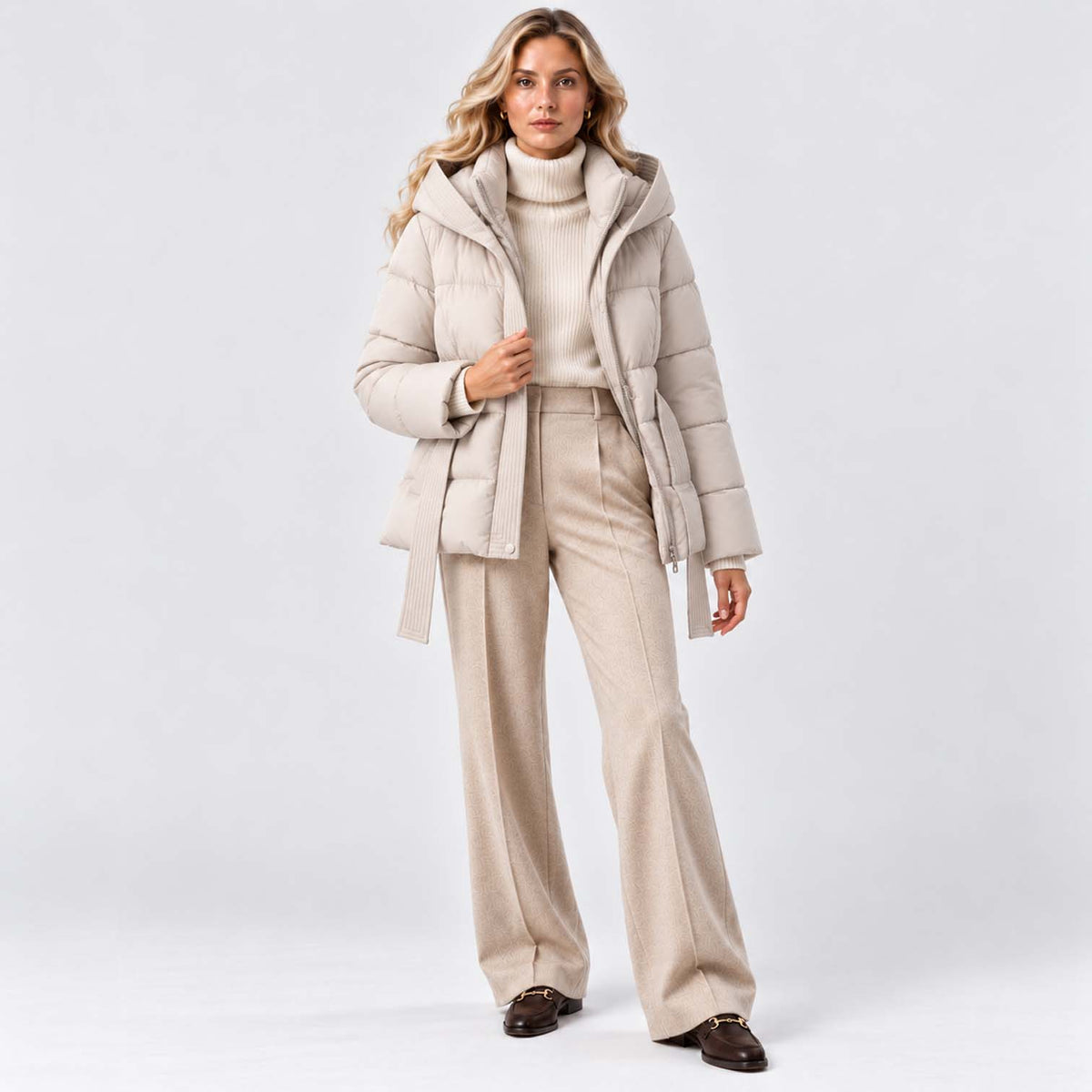 Monvaline | Women’s Puffer Jacket with Hood and Belt - Winter Coat