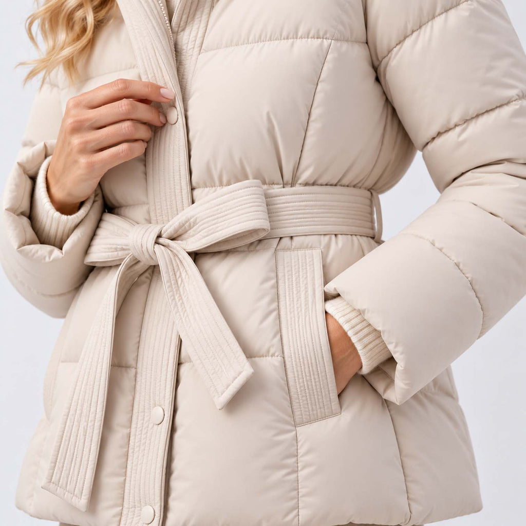 Monvaline | Women’s Puffer Jacket with Hood and Belt - Winter Coat
