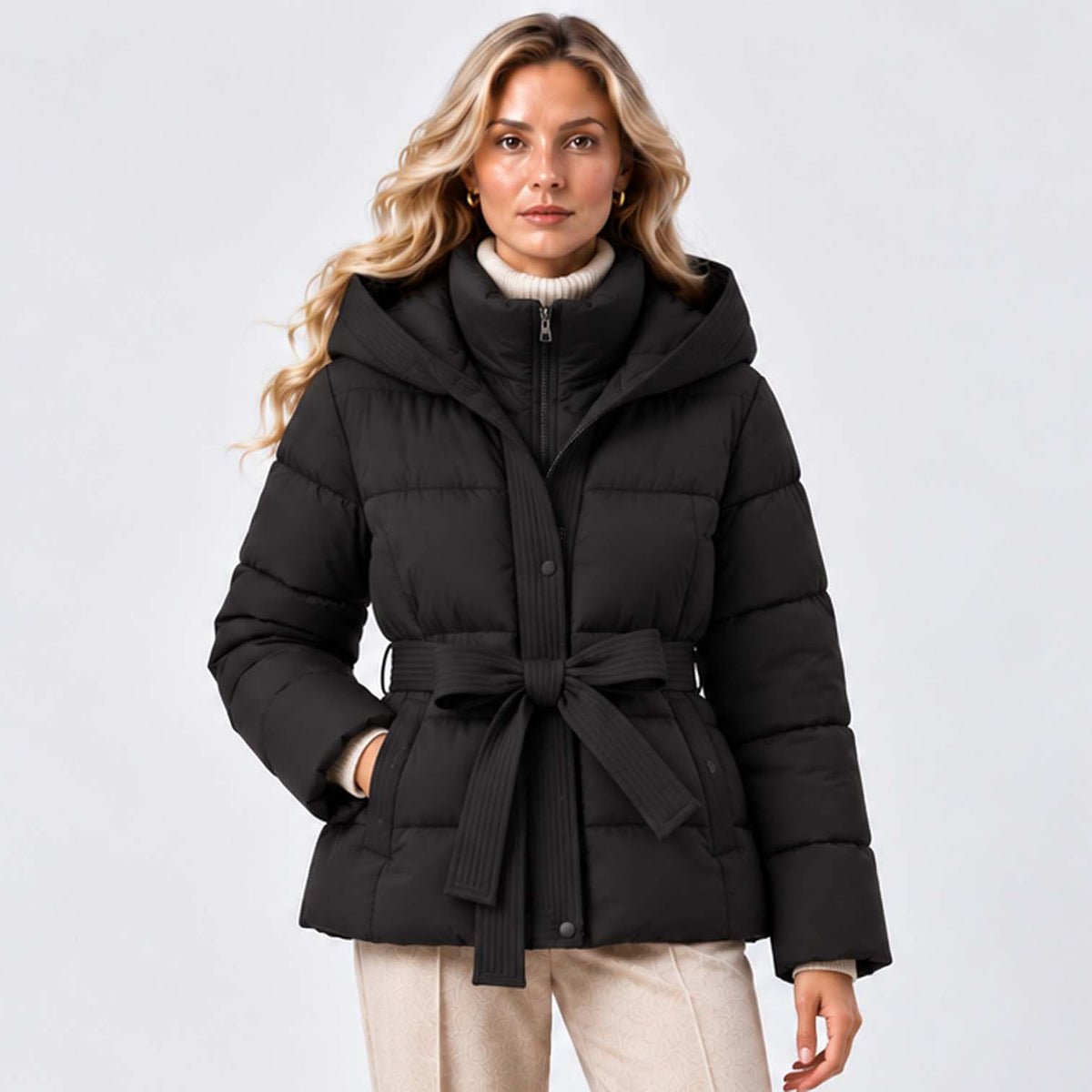 Monvaline | Women’s Puffer Jacket with Hood and Belt - Winter Coat