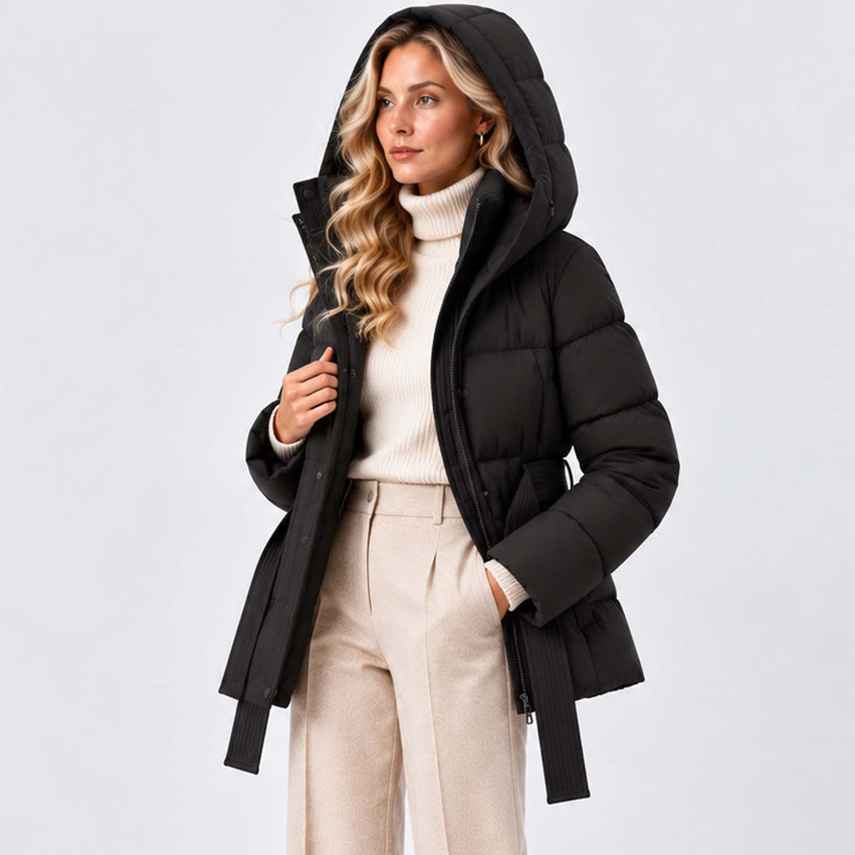 Monvaline | Women’s Puffer Jacket with Hood and Belt - Winter Coat