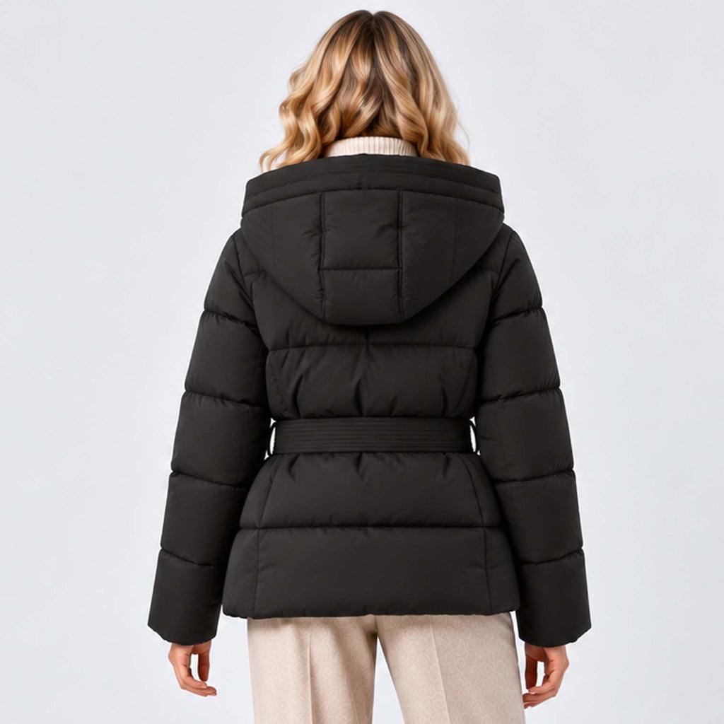 Monvaline | Women’s Puffer Jacket with Hood and Belt - Winter Coat